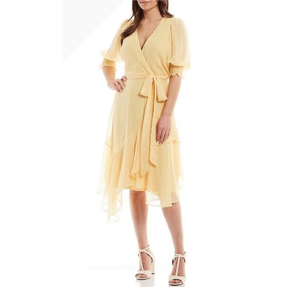 Maison Tara Midi Dress Women 14 Yellow Clip Dot Faux Wrap Puff Sleeve Boho